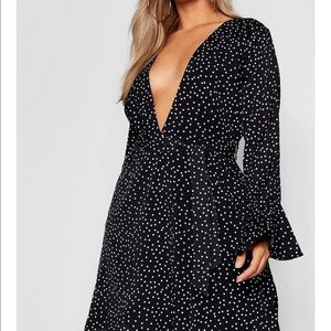 Boohoo Deep V Polka Dot Dress
